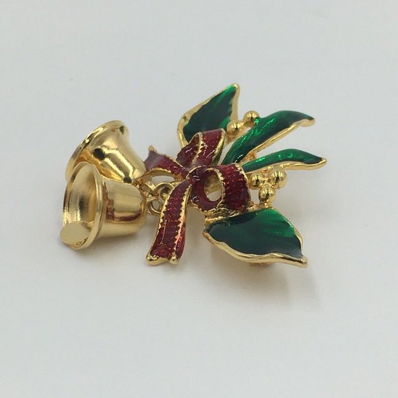 CHRISTMAS BROOCH PIN, Green Holly, Red Bow, Gold Tone Bells, Shiny Finish - Picture 2 of 3